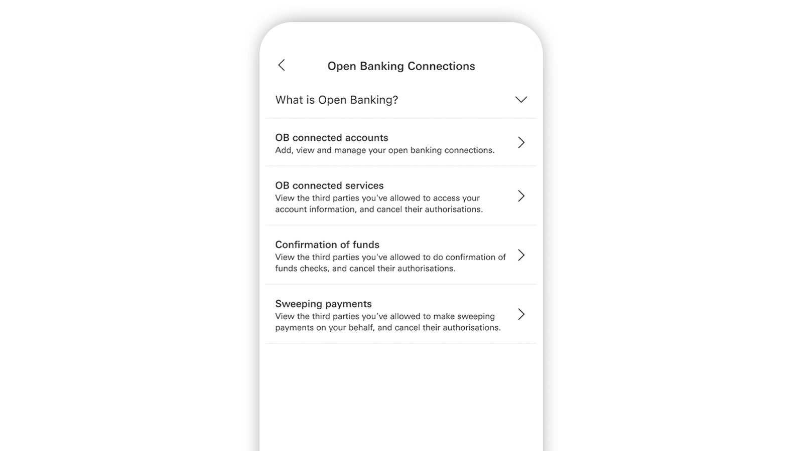 HSBC UK Mobile Banking app screen showing the 'Open Banking connections' options.