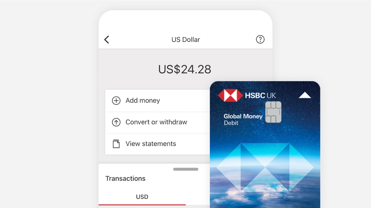 A Global Money card with a mobile banking app showing recent dollar transactions and options to add money, convert or withdraw or view statements.