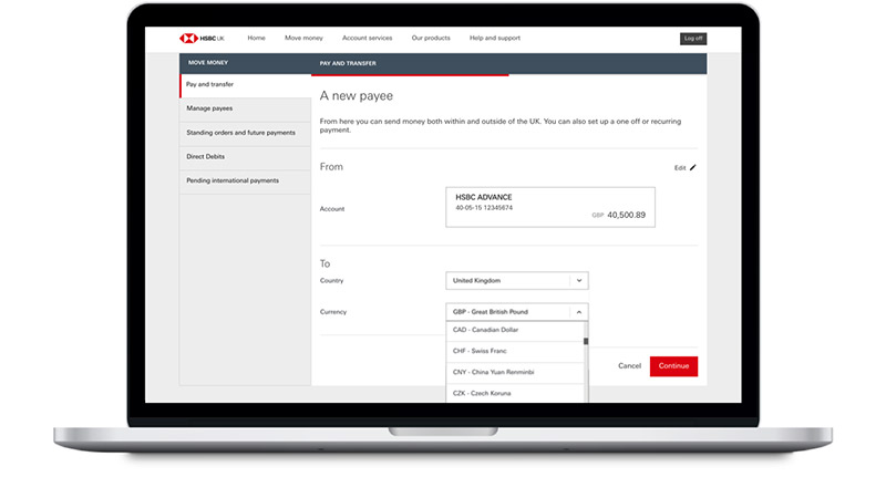 Online banking screen for setting up a new payee from an HSBC account to another country with a choice of different currency options.